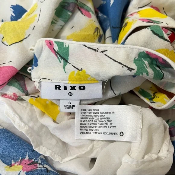 Rixo white Floral multicolored Mock Neck Cascade Ruffle Dress short sleeves sz 6 - Picture 13 of 16